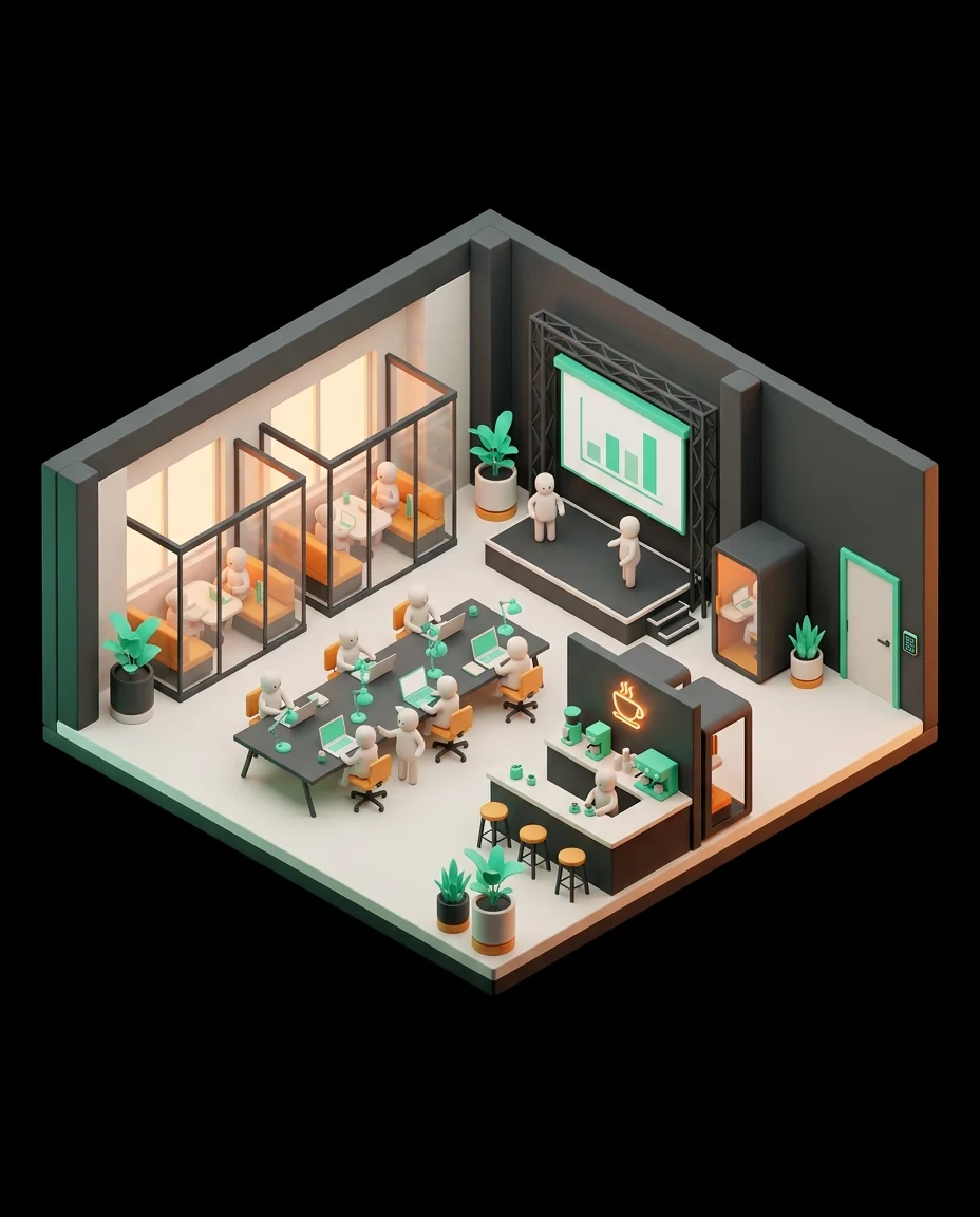 Isometric illustration of an innovation hub: a hot-desk table, glass meeting pods, a small stage with a presentation screen, a coffee bar and a phone booth.
