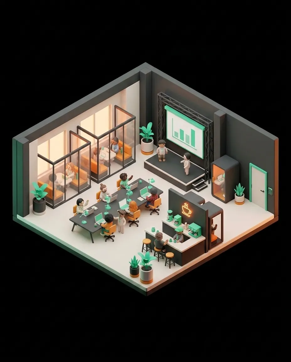 Isometric illustration of an innovation hub: a hot-desk table, glass meeting pods, a small stage with a presentation screen, a coffee bar and a phone booth.
